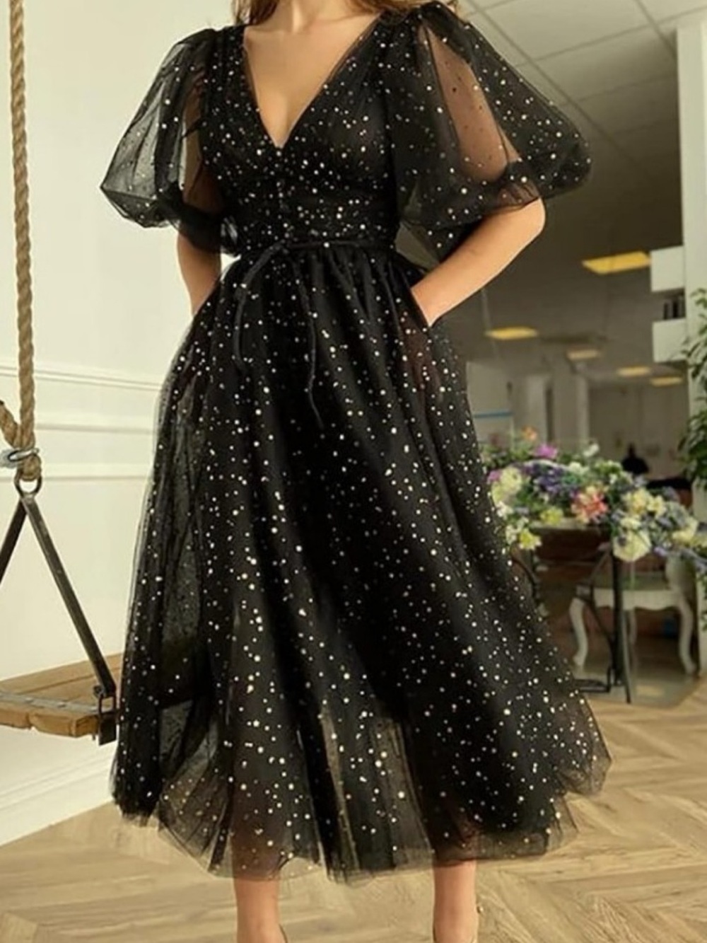 Black Sparkle Tulle Midi Dress with Puff Sleeves Size 12